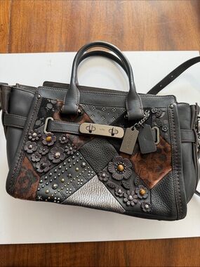 Vintage Coach Tea Rose Dark Brown Leather Floral Patchwork Satchel
